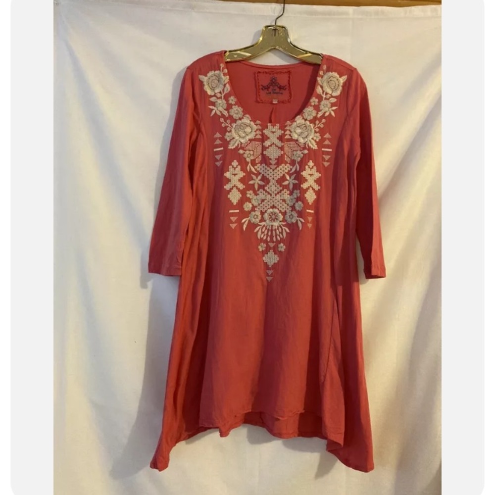 JW Los Angeles Johnny Was Boho Orange White Embroidered Thin Cotton Dress Sz XS